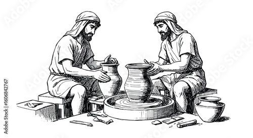 Ancient pottery craftsmanship: skilled artisans creating clay vessels in detailed black and white sketch