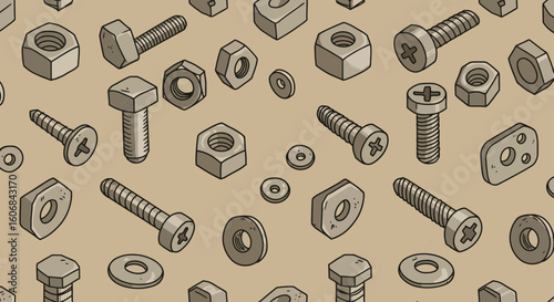 Seamless pattern of hand drawn screws, nuts, and bolts on beige background
