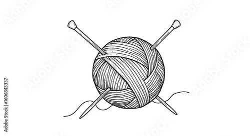 Hand drawn yarn ball with knitting needles for crafting and diy projects