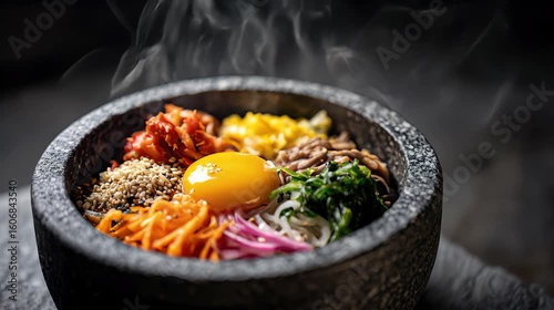 Steaming hot bibimbap in stone bowl, a culinary korean delight