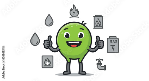 Cute green character navigating safety hazards with humor and thumbs up