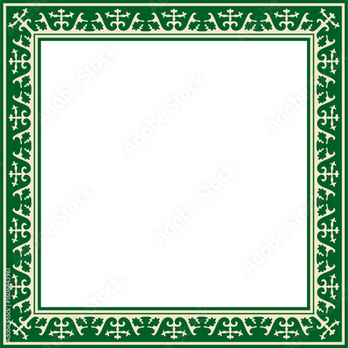 Vector green with black Square Kazakh national ornament. Ethnic pattern of the peoples of the Great Steppe, Mongols, Kyrgyz, Kalmyks, Buryats. Square frame border.
