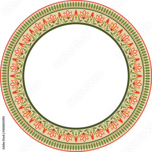 Vector round colorful Indian national ornament. Ethnic plant circle, border. Frame, flower ring. Poppies and leaves.
