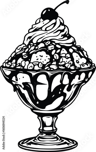 Ice cream sundae dessert black and white illustration vector graphic design food sweet treat cherry top
