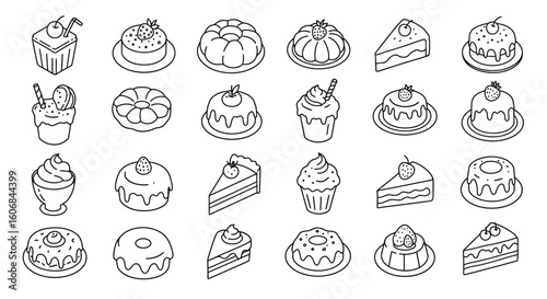 Delightful desserts in line art style: cakes, pies, and treats for every sweet tooth