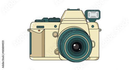 Vintage dslr camera with flash in detailed cartoon style