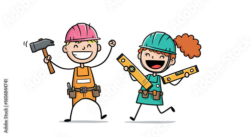 Cheerful cartoon builders with tools and hard hats in colorful outfits