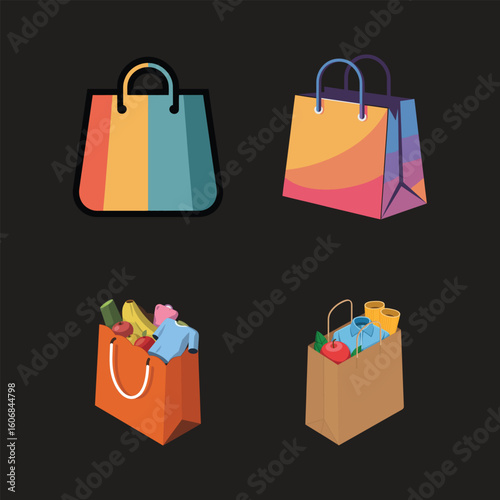 Colorful shopping bags filled with purchases on a dark background