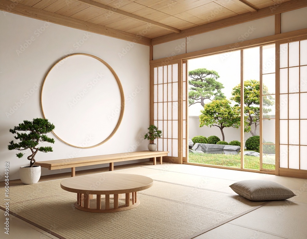 Fototapeta premium Japanese Zen Style Series—Zen Interior with Round Window