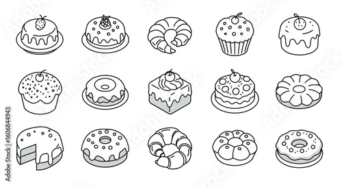 Assorted desserts collection: cakes, pastries, and sweets in outline style