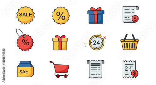Colorful marketing and shopping icons for sale promotions and discounts