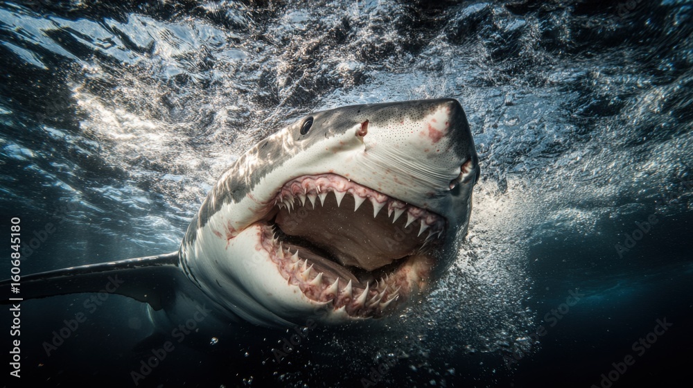 Naklejka premium Great White Shark Underwater Encounter: A Breathtaking Close-Up of a Majestic Predator in its Natural Habitat