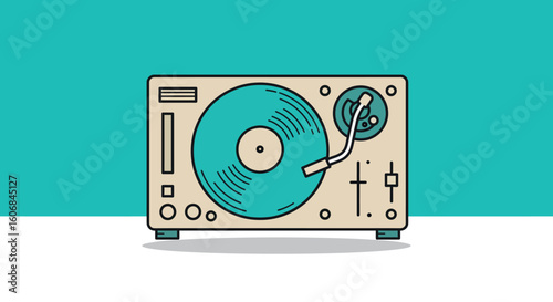 Retro turntable with vinyl record in flat design on turquoise background