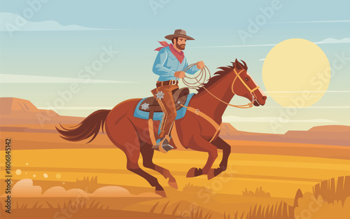 Cowboy on horseback riding fast through the desert at sunset, a flat vector illustration.