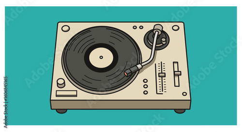 Vintage turntable with vinyl record on teal background