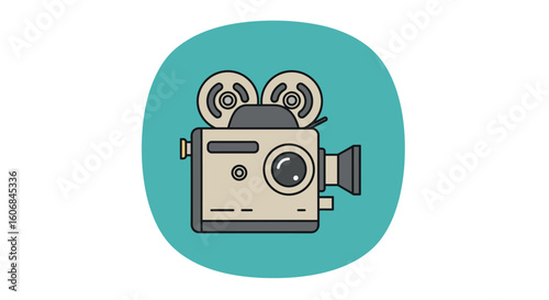 Retro movie camera icon in colorful flat cartoon style