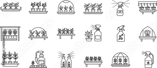 Icon set of gardening tools and plants in modern outline style