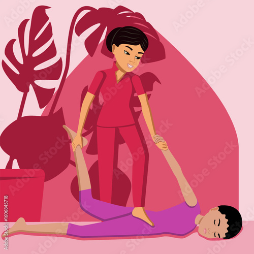 Shiatsu massage. Therapy and treatment by professional therapist in SPA. Isolated flat vector illustration. Eastern and Indian ethnicity.