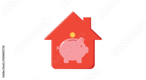 Piggy bank savings concept: coin inside house symbolizes financial planning and home budgeting