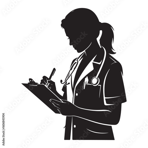 Silhouette of a nurse writing on a clipboard with a stethoscope
