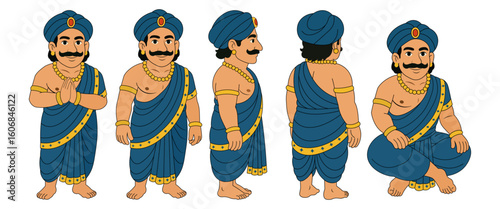 Cartoon Indian King Man Royal Character Vector Set