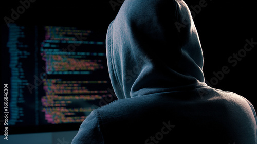 Hacker in Hood Looking at Code Displayed on Dark Monitor