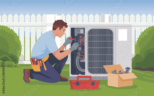 Technician Servicing Air Conditioner in Backyard - Vector Illustration
