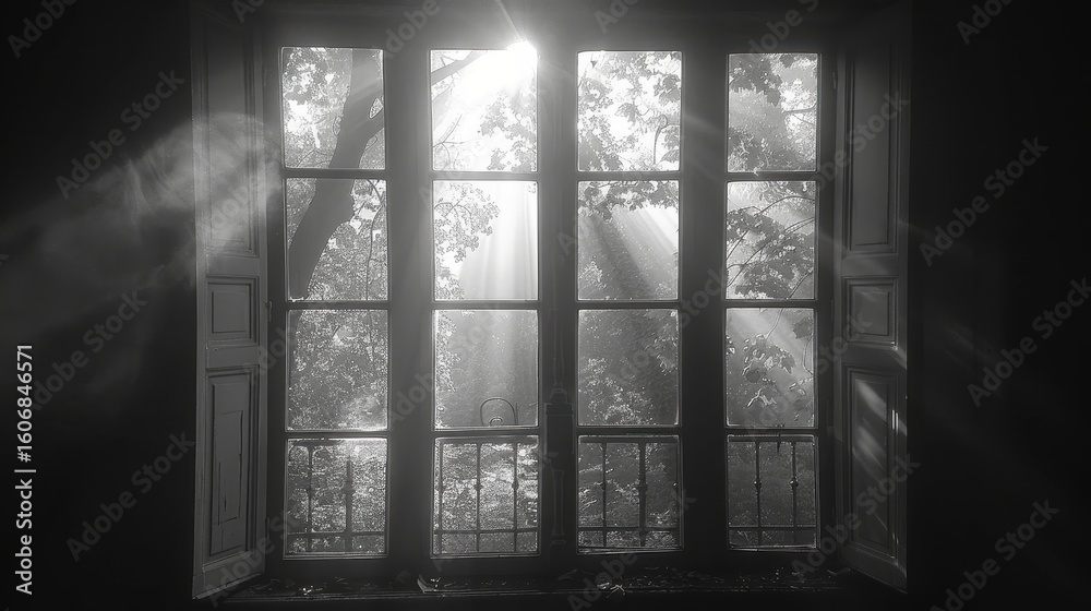Fototapeta premium Window view of sunlit trees