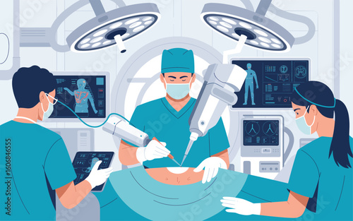 Flat vector illustration of a surgical team using advanced robotic technology for an operation