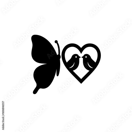 A silhouette of a butterfly next to a heart with two birds facing each other inside it