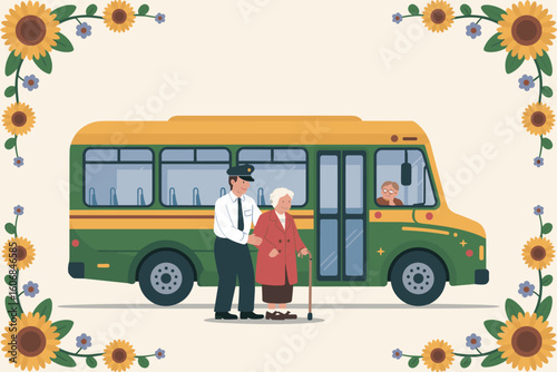 A heartwarming thank you card illustration of a driver helping an elderly woman from a shuttle bus
