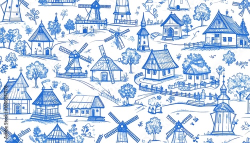 Whimsical, hand-drawn village scene