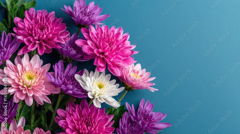 Obraz premium Vibrant bouquet of colorful chrysanthemums arranged against a backdrop.