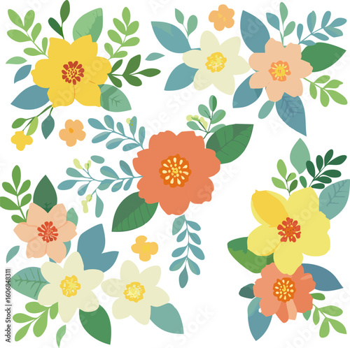 Vibrant Floral Arrangements with Leaves and Petals.