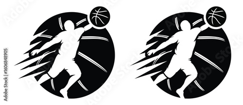 A dynamic basketball player silhouette performing a slam dunk, ideal for sports logos and game promotions.