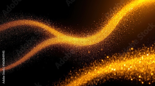 A high-resolution stock photo depicting a grand epic scene of a gold dust glitter sparkle wave texture on a black background. 