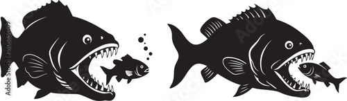 Two large predatory fish silhouettes eating smaller fish silhouette