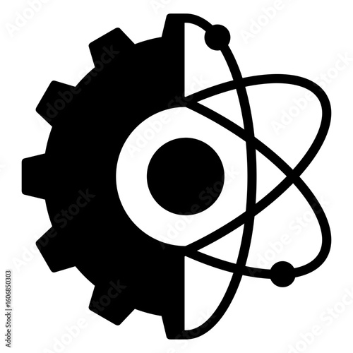 Icono con engranaje con órbitas alrededor de un átomo 