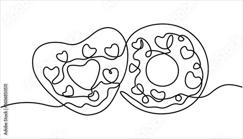 
Single one line drawing fresh donuts. World food day concept. Abstract dessert sweet donut with frosting, donut icon logo. continuous line drawing of sweet tasty donut. vector illustration