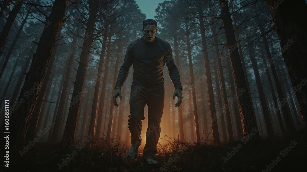 Fototapeta premium Striding bulky monster wearing dark shirt through pine forest at dusk, with mist and fallen needles