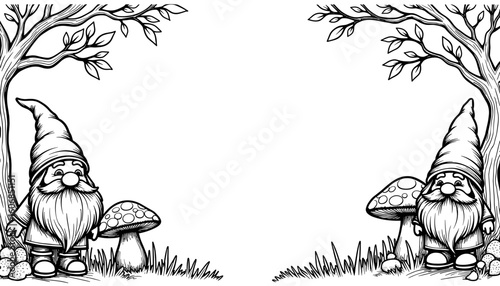 Abstract autumn frame with gnomes and toadstools – Cute coloring fun for kids