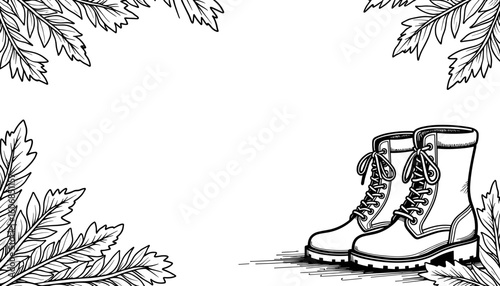 Autumn boots and crunchy leaves frame – Kids coloring activity, black and white