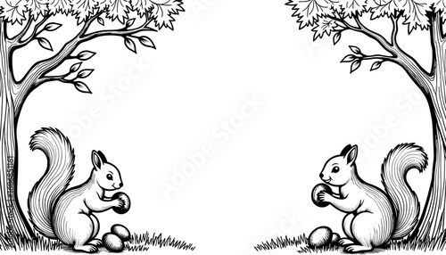 Abstract autumn frame with squirrels collecting nuts – Cute kids coloring design, black and white outline