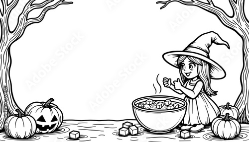 Witch brewing marshmallow soup in Halloween frame – Kid-friendly coloring art