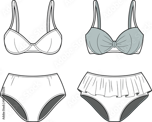 Bikini set fashion flat sketch, two-piece swimsuit front view, padded bra and high waist bottom, vector illustration template