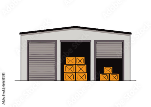 icon of a warehouse building with large rolling doors and storage crates