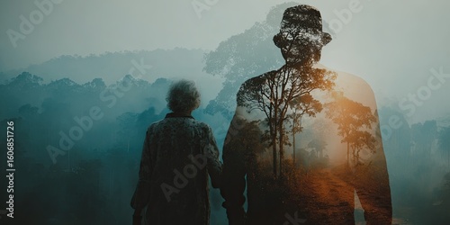 Happy elderly couple walking and holding hands outdoors. back view. mountains in the background, double exposure