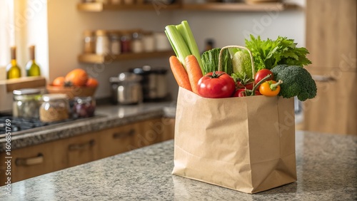 Paper grocery bag filled with fresh vegetables on a kitchen counter