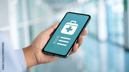 Doctor holding smartphone with medical app and pharmacy icon
