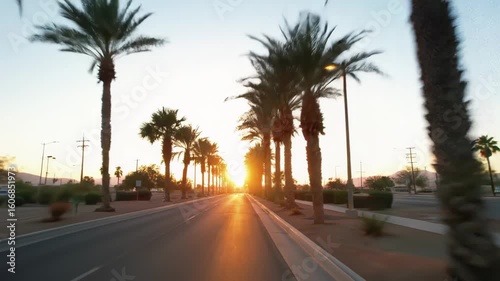 Driving through a palm tree-lined road at sunrise in a desert city, golden hour